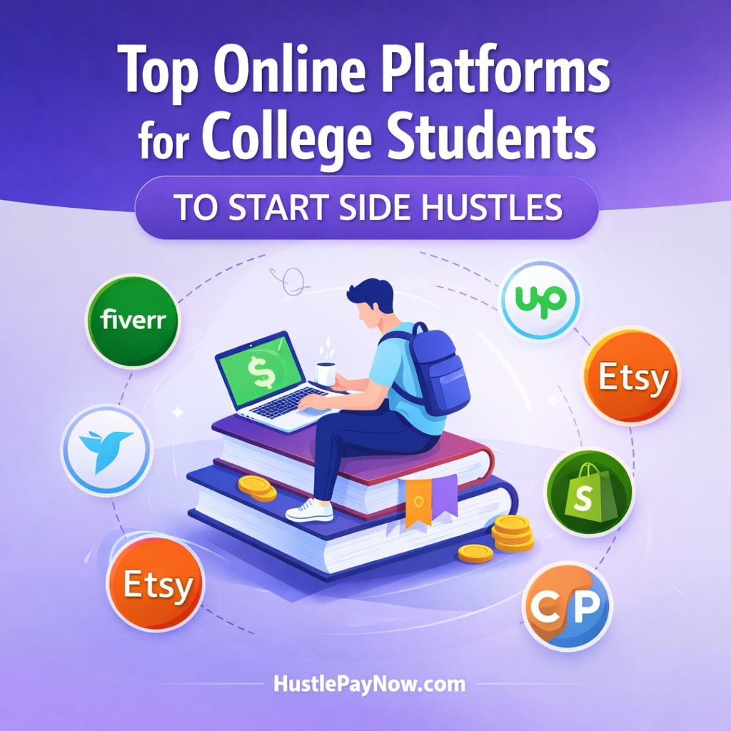 Illustration showing a college student using online platforms like Fiverr, Upwork, Etsy, and Shopify to start legit side hustles