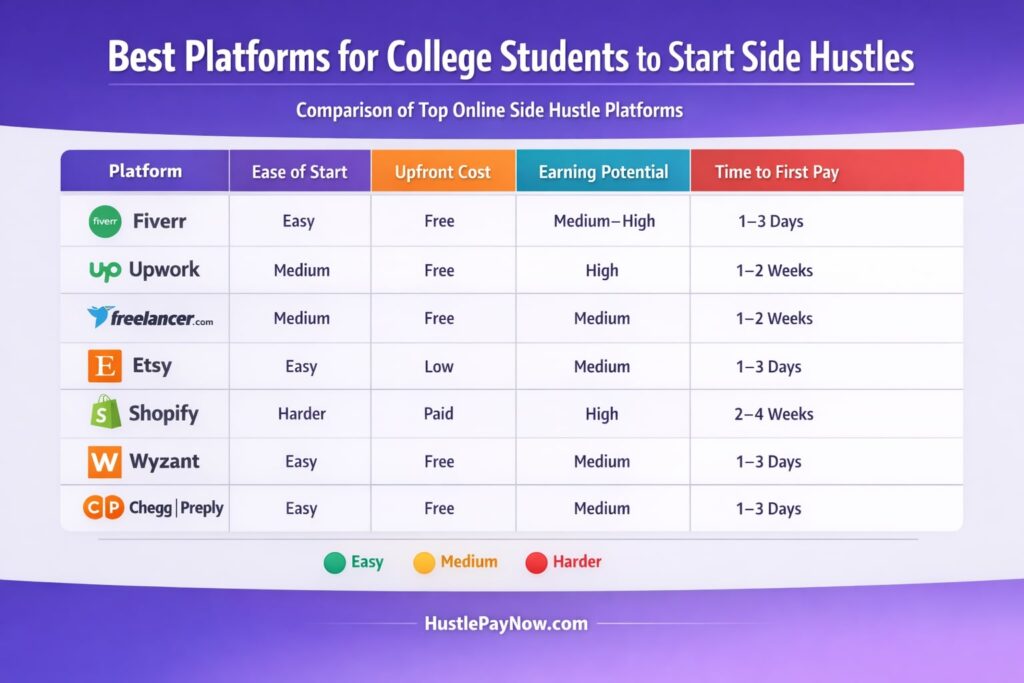 Comparison table of the best side hustle platforms for college students including Fiverr, Etsy, Upwork and Wyzant