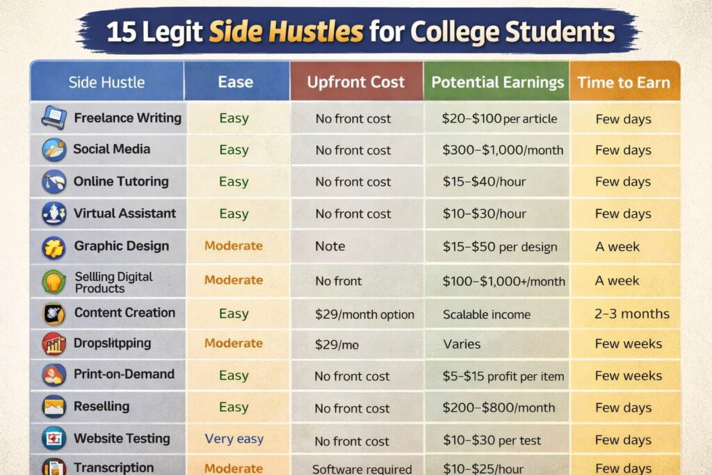 top 15 side hustles for college students