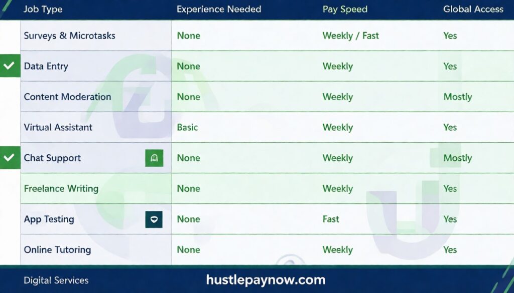 online jobs for students that pay weekly or fast. organized by job type, experience needed, pay speed and global access.
