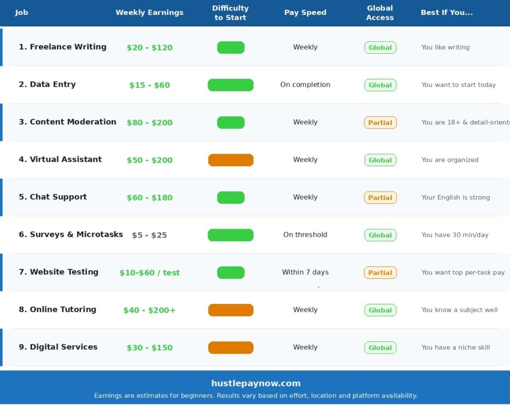 online jobs that pay weekly : table of comparison