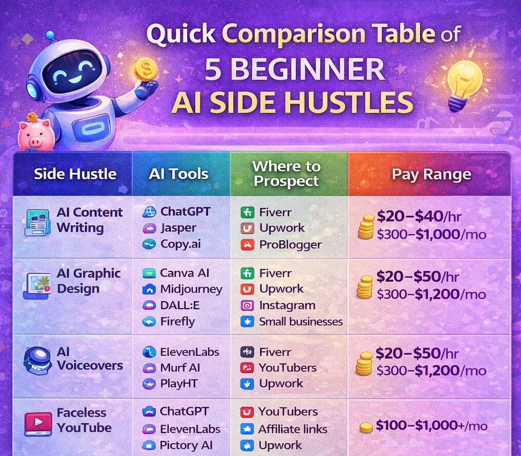 AI side hustles for beginners. top 5 AI side hustles for beginners